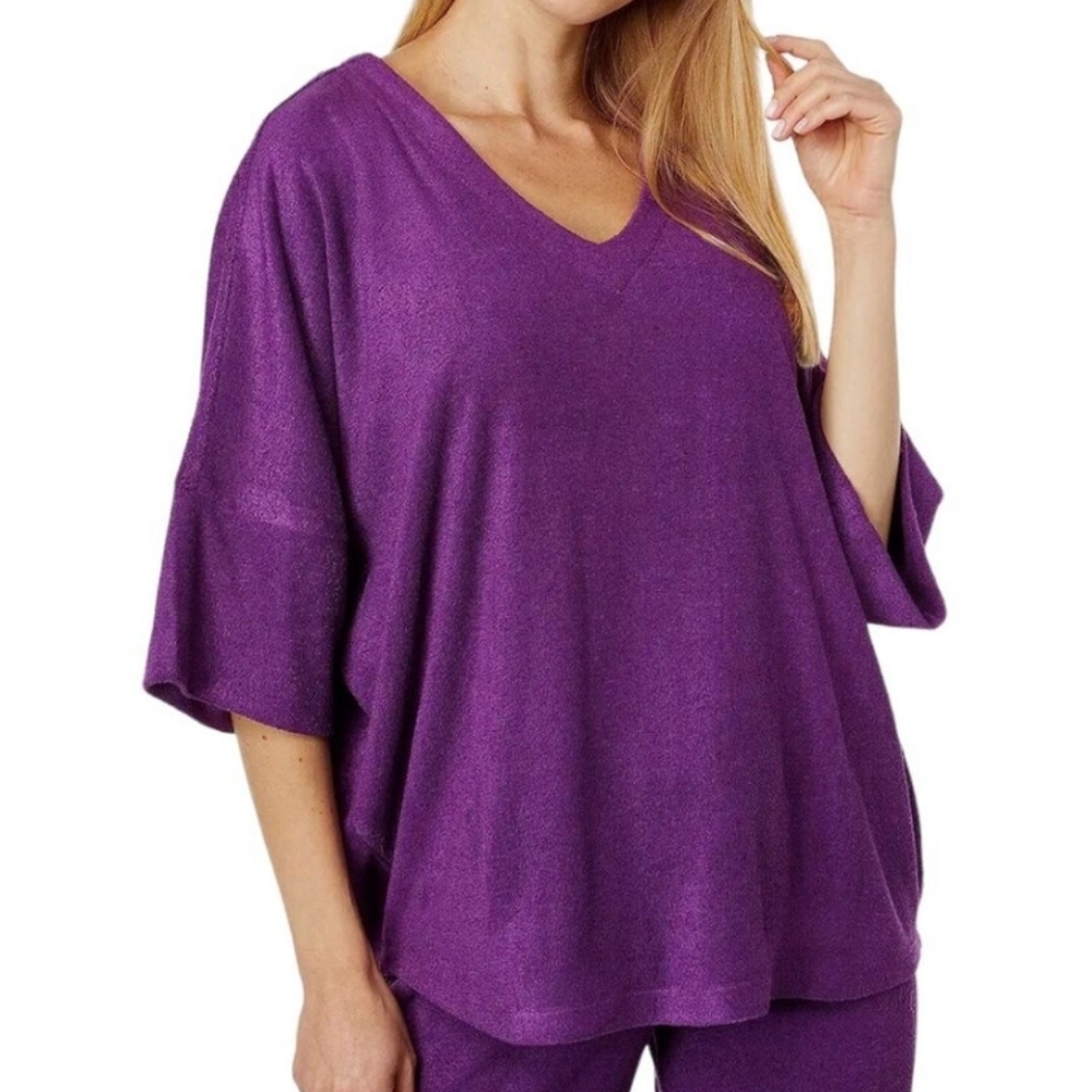 NATORI Terry Lounge Top Women Short Sleeve Vneck‎ Oversized SzS